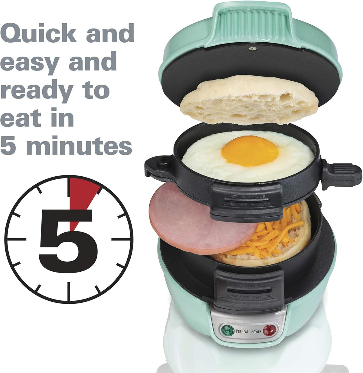 Hamilton Beach Breakfast Sandwich Maker with Egg Cooker Ring, Customize Ingredients, Perfect for English Muffins, Croissants, Mini Waffles, Perfect White Elephant Gifts, Mint (25482)
