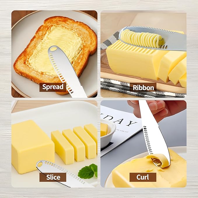2 Pcs Butter Knife Spreader with Holes, 3 in 1 butter knife, butter curler knife, Butter Grater with Ergonomic Handle, stainless steel butter spreader for Butter, Cheese, Jam