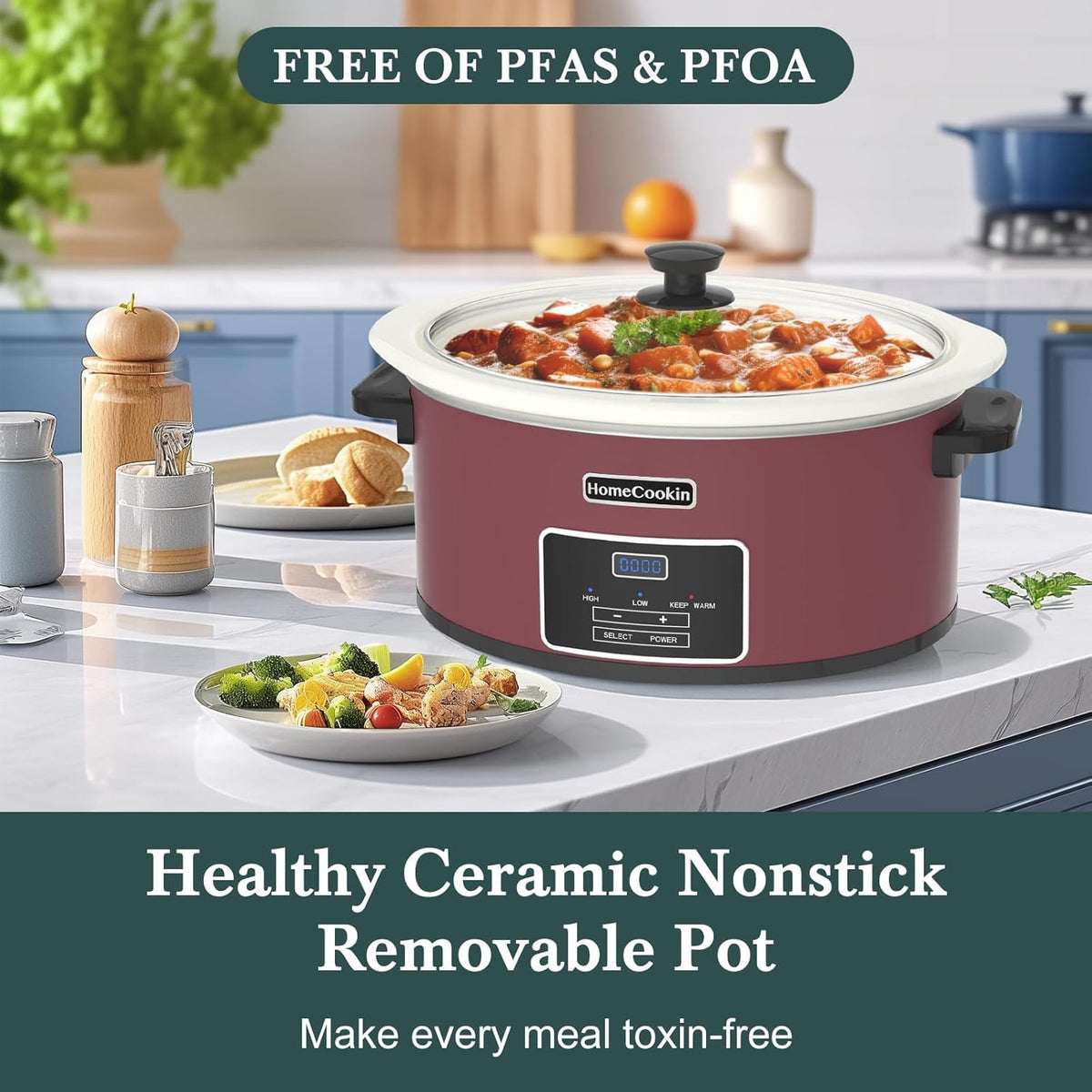 HOMECOOKIN 8-Quart Programmable Slow Cooker with Timer Keep Warm - Small Kitchen Appliance for Family Dinners - Serves 6+ People (Red Shell + White Ceramic Liner)
