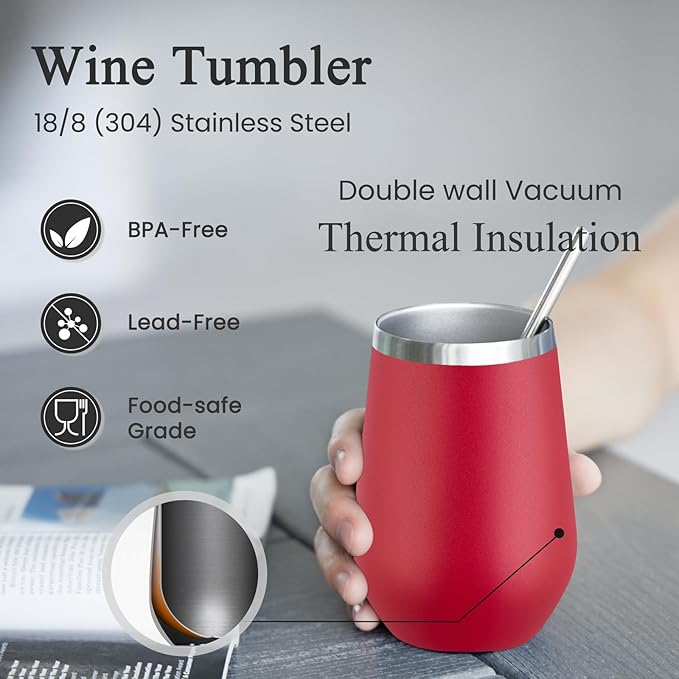 MEWAY Stemless 12oz Insulated Wine Tumbler with Lid and Straw - Double Wall Stainless Steel Thermal Cups for Hot and Cold Drinks, Bridal Shower Prizes for winners(Red,Set of 4)