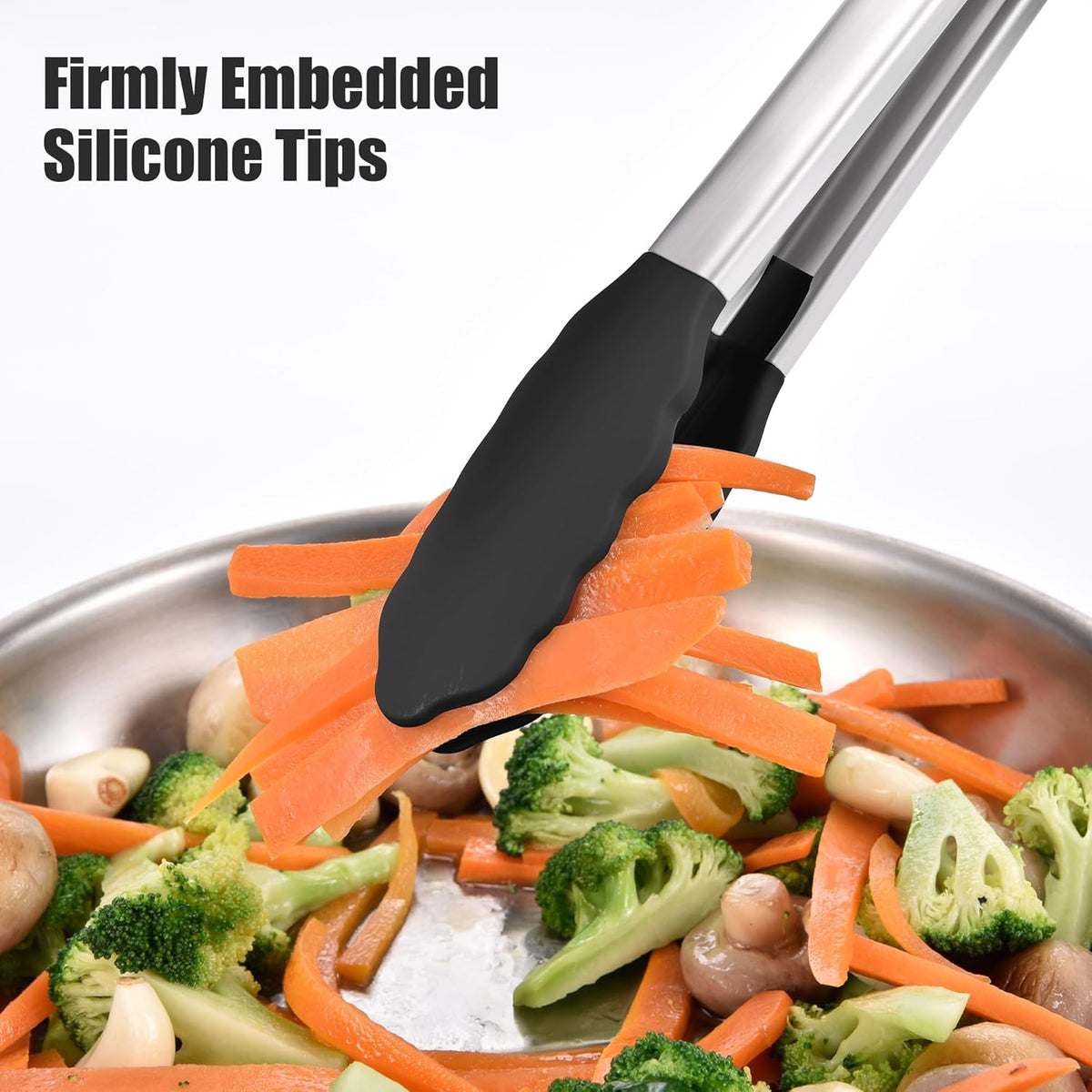 Doosu Kitchen Tongs for Cooking - 600°F Heat Resistant Food Tong with Non-Scratch Silicone Tips, Heavy Duty Stainless Steel Locking Tong for BBQ, Grilling Steak, Serving Salad, Pasta (16in, Black)