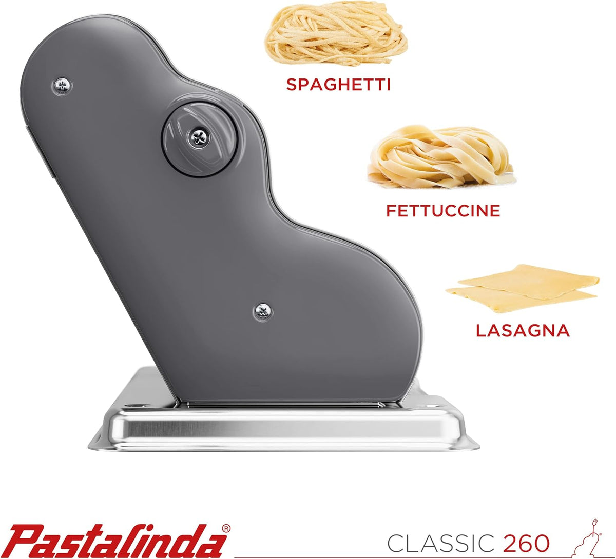 PASTALINDA Classic 260 Pasta Maker Machine, 26 cm Wide Rollers, 9 Thickness Positions, 2 Cutting Positions, Stainless Steel. Includes Reinforced Hand Crank And Two Clamps (Gray)
