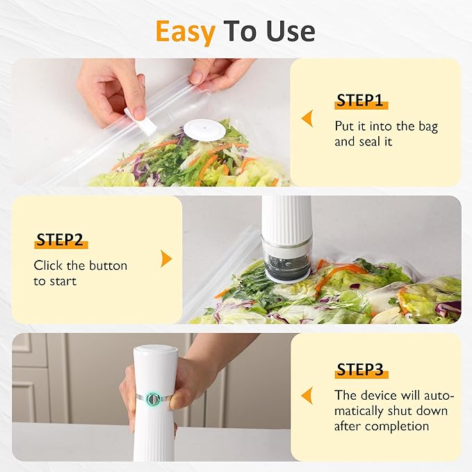 Sunvivi Portable Vacuum Sealer Machine: Food Storage Preservation, Automatic Air Sealing System with Reusable Bags, Wine Stopper & Kitchen Accessories, Handheld Food Saver for Home, Sous Vide, White