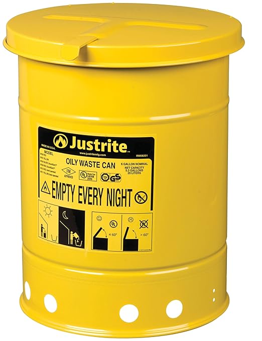 Justrite 6 Gallon Galvanized Steel Oily Waste Can, 16" x 12" Metal Oil Rag Safety Can with Hand Operated Self-Closing Lid for Oil Rag Disposal, Made in The USA, Yellow, 09111