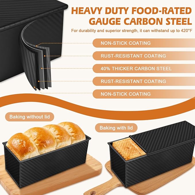 2Pack Bread Pan with Lids – 2.2 LB & 1 LB Dough Capacity, Non-Stick Carbon Steel Bread Pans for Homemade Sandwich and Sourdough Bread, Corrugated Toast Mold Black
