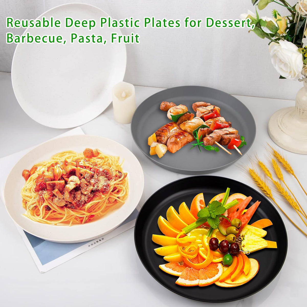 EI 16pcs Wheat Straw Dinner Plates Set,Unbreakable Plastic Plates,Reusable Lightwight Plastic Plate,Party Plate for Halloween,Family Dinners, Picnics, School-Black,White,Dark Grey,Beige
