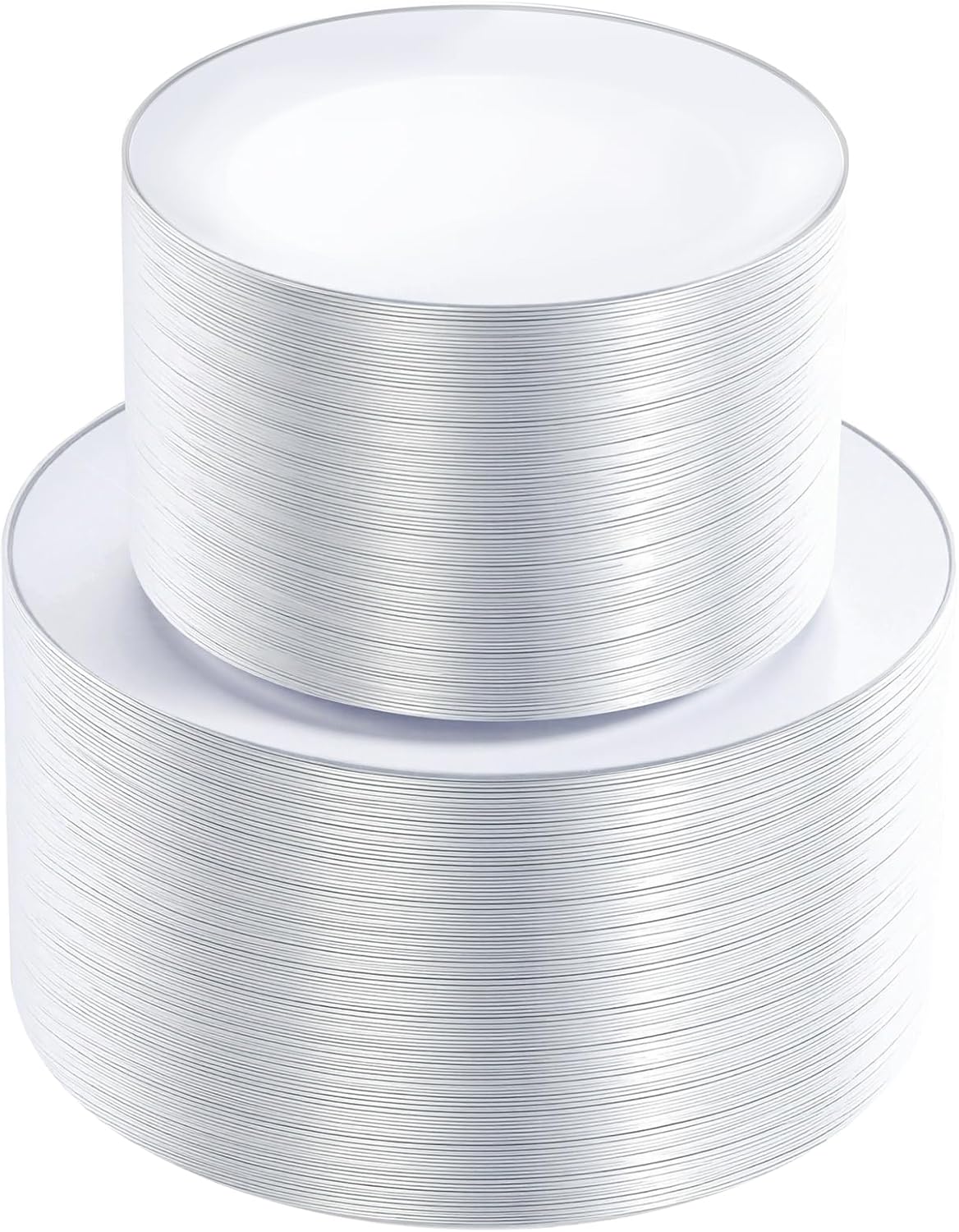 KIRE 200PCS Silver Plastic Plates - White Plastic Plates with Silver Rim Include 100 Dinner Plate and 100 for Dessert/Salad Plate for Birthday/Wedding/Party