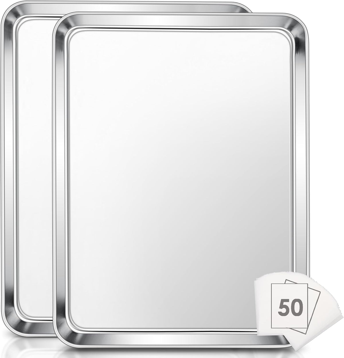 E-far Extra Large Baking Sheet, 20”x14” Stainless Steel Cookie Sheet Pan for Oven with 50 Parchment Paper, Rectangle Metal Baking Tray for Roasting, Rust Free & Heavy Duty, Dishwasher Safe-2 Pack