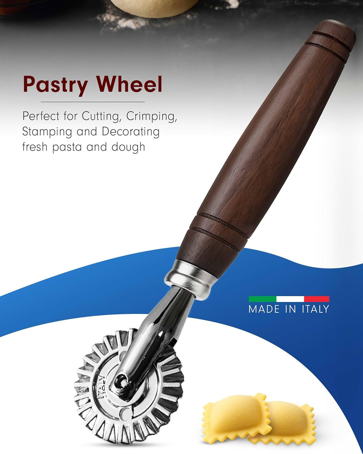 1.6" Pastry Wheel - Dough Stamp Cutter/Crimper, Pasta/Ravioli/Pie Maker, 4cm Stainless Steel Wheel Wooden Handle