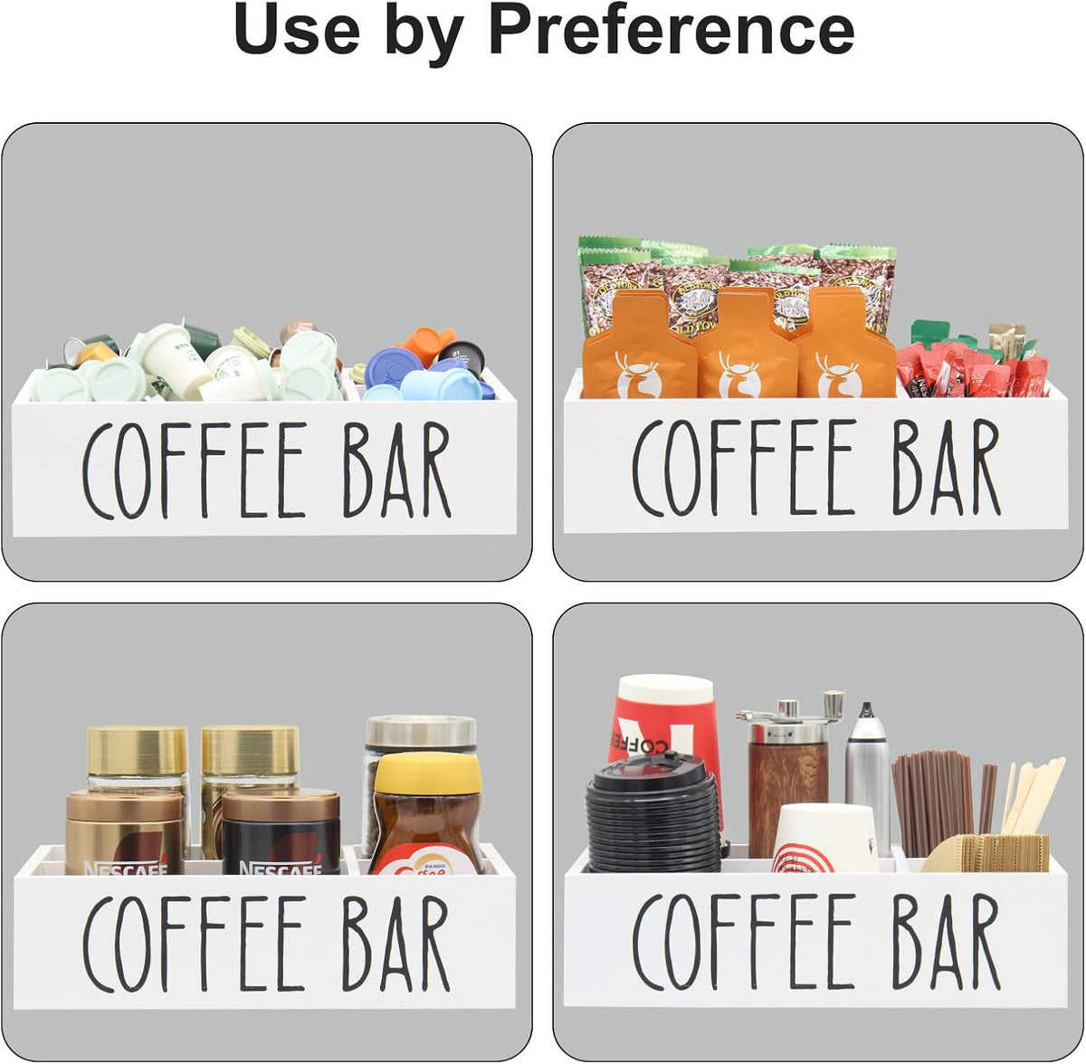 Coffee Station Organizer with Removable Dividers Disposable Cup Holder Wooden Countertop Organizer for Tea Condiment Accessories Storage Farmhouse Bar Decor Black (White)