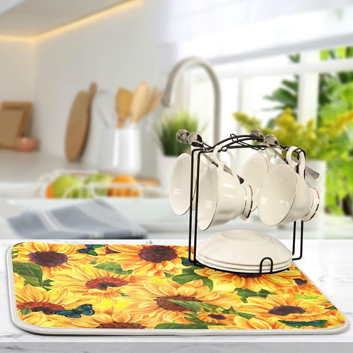 Super Absorbent Dish Drying Mat, Microfiber Fast-Drying Dish Mat, 24" x 18", Kitchen Dish Drying Pad, Sunflowers And Green Blue Butterflies