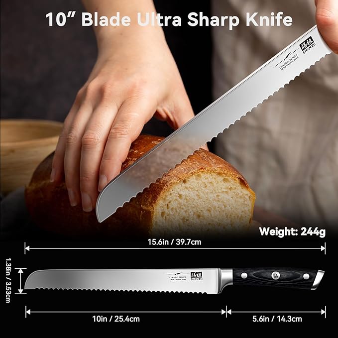 SHAN ZU 10" Bread Knife - Sourdough Slicing Knife Professional German 1.4116 Stainless Steel Serrated Blade, Ergonomic Wood Handle & Full Tang Design, Gift Box Included (Single-Edge