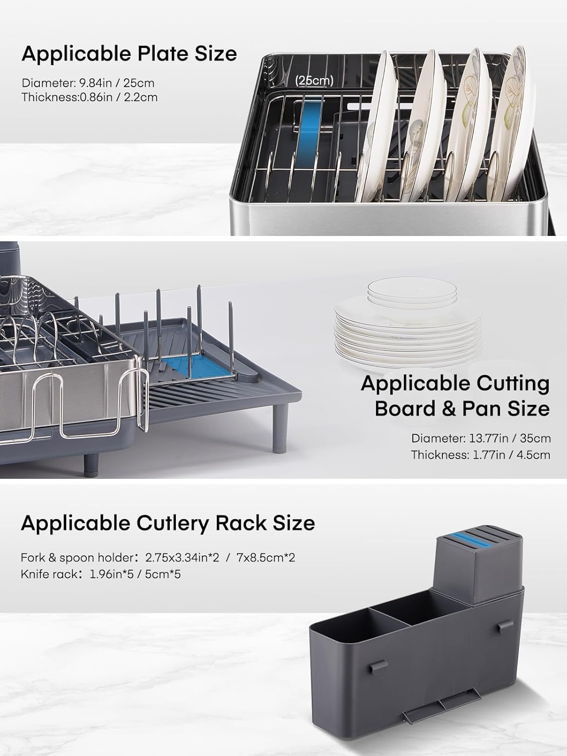 FOHERE Large Dish Drying Rack, Expandable Dish Rack, Stainless Steel Dish Rack for Kitchen Counter, Anti-Rust Dish Drainer with Cutlery & Cup Holders for Dishes, Knives, Spoons and Forks, Grey