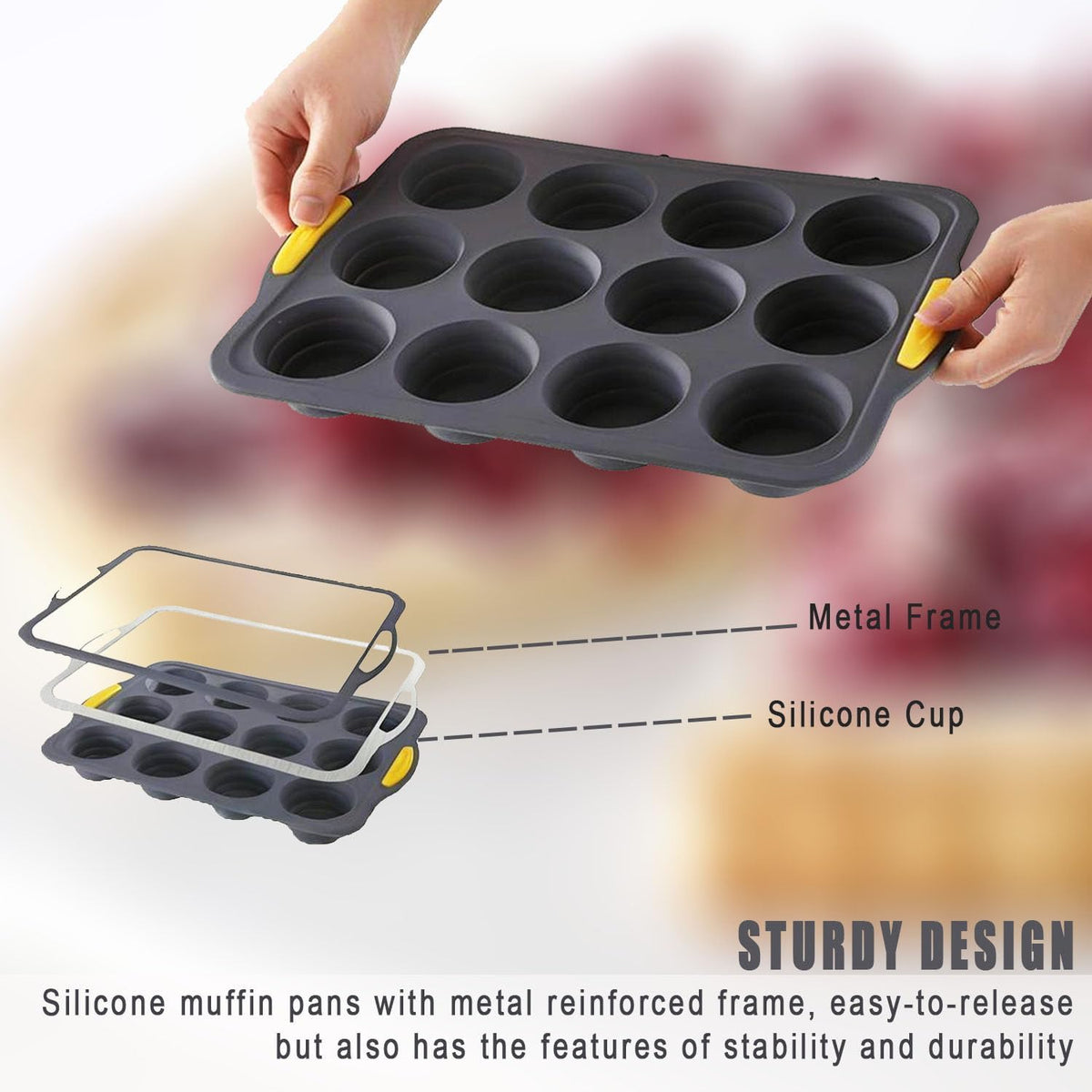 Silicone Muffin Pan with Metal Frame, Egg Bite Maker Silicone Molds for Baking, Cupcake Pans 12 Regular Size, Muffin Tins Easy to Pop Nonstick Non Toxic Bakeware for Oven (dark gray)