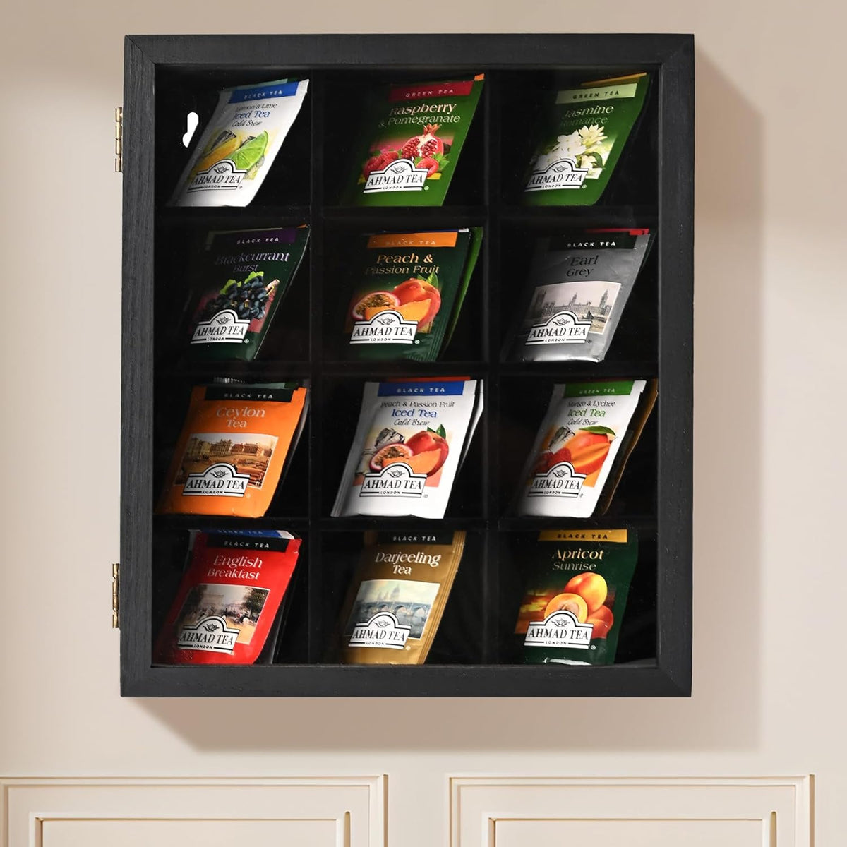 Wood Big Black Tea Bag Organizer Storage Box 12-Compartment Multi-Functional Box,Vintage Tea Case.
