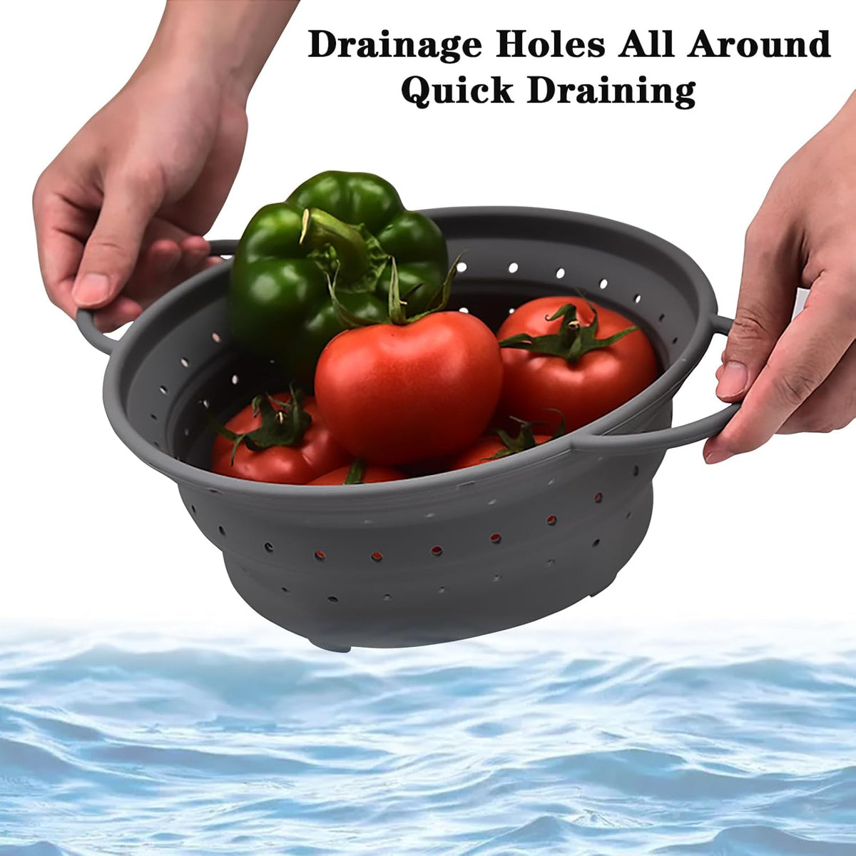 Silicone Collapsible Colander with Handle, Kitchen Colander for Easy Storage,Four-side Fast Draining Silicone Draining Basket, Perfect for Fruits Vegetables (Gray M)