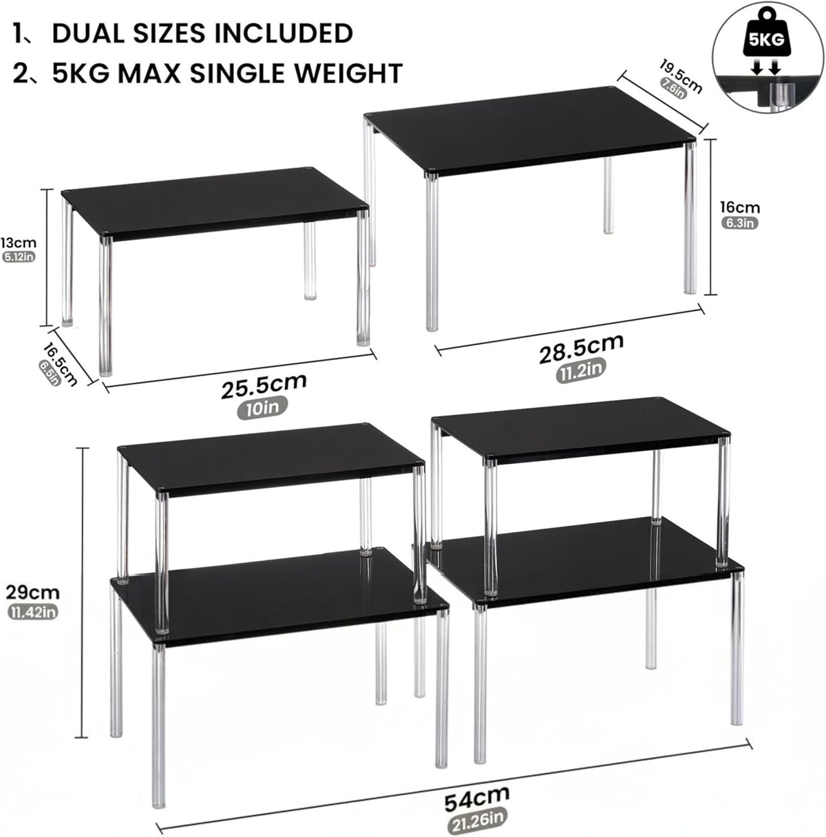 Cabinet Organizer Acrylic Spice Rack, 4 Pack Stackable Shelf Riser for Kitchen Pantry Countertop, Expandable Storage Organizer for Bathroom Office