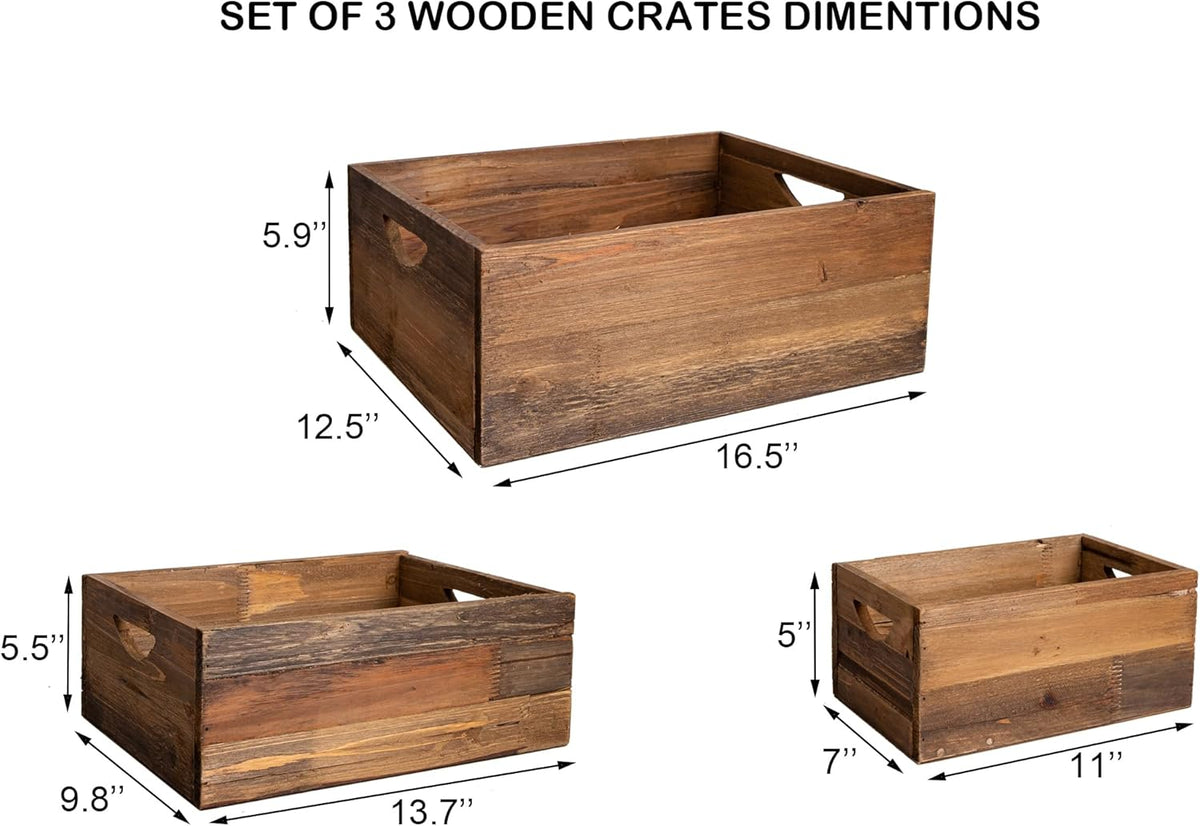 TIMRIS Set of 3 Rustic Distressed Wood Nesting Crates, Farmhouse Decorative Wooden Storage Boxes, Vintage Reclaimed Wood Baskets for Display (Natural)