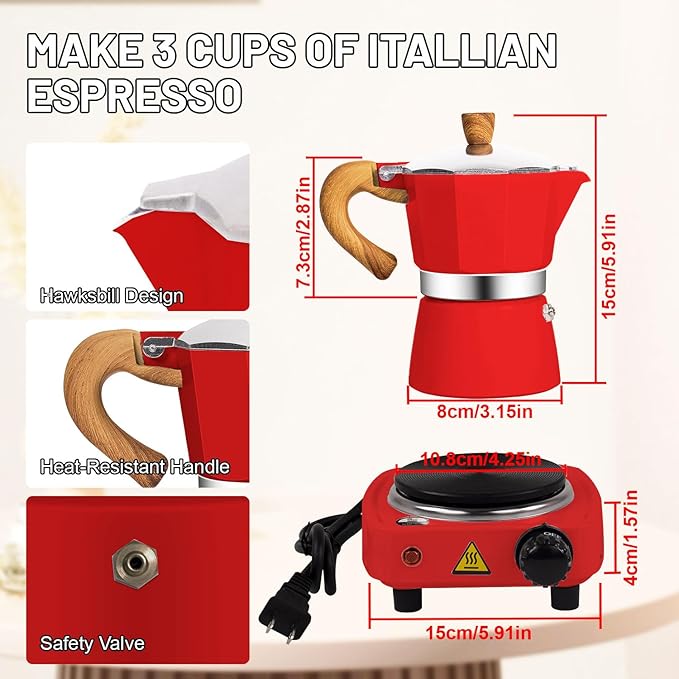 2-in-1 Moka Pot Espresso Set with Electric Stove 3 Cup Aluminum Stovetop Coffee Maker Percolator Italian Classic Mocha Coffee Machine for Italian and Cuban Cafe Brewing Portable Camping Red