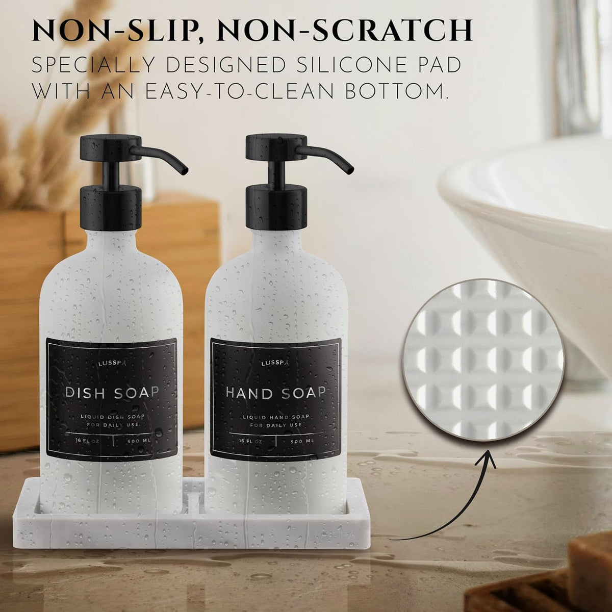 Lotion, Hand & Dish Soap Dispenser for Kitchen Sink - Bathroom Soap Dispenser Set of 2 16.8 Oz Glass Bottles with Stainless Steel Pump, 15 Water Proof Labels & Silicon Tray (White/Black)