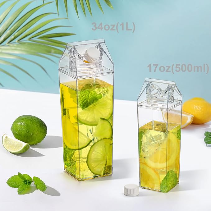 yarlung 4 Pack 34 Oz Milk Carton Water Bottle, Clear Plastic Milk Box Portable Leakproof Square Juice Bottle for Outdoor Sports Travel Camping