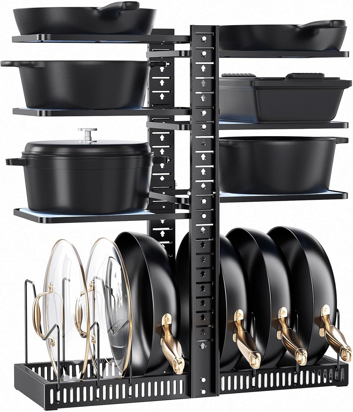 LAMU Pots and Pans Organizer under Cabinet, Pan Pot Organizers inside Cabinet with 6 Shelves and Pot Lid Organizer, Adjustable Height Up to 24", Holds up to 12 Pans Including Cast Iron Pot