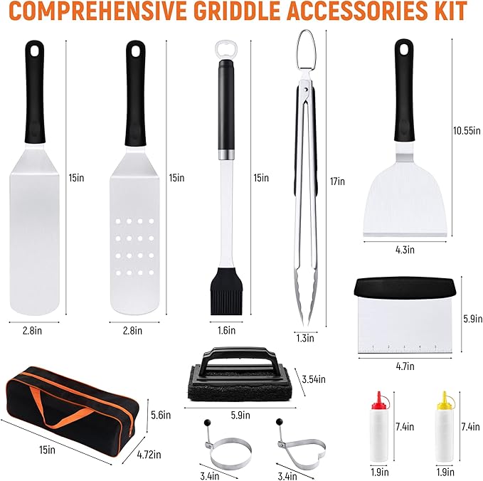 Griddle Accessries Kit, 12Pcs Stainless Steel Metal Spatula Set, Grill BBQ Spatula Utensils Set with Storage Bag, Professional Grill Spatula Set for Men Women Outdoor BBQ & Camping