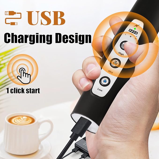Nahida Milk Frother Wand for Coffee Frother Handheld with Stand Drink Mixer with 3 Heads 3 Speeds Electric Whisk Foam Maker For Latte, Cappuccino, Hot Chocolate - Black