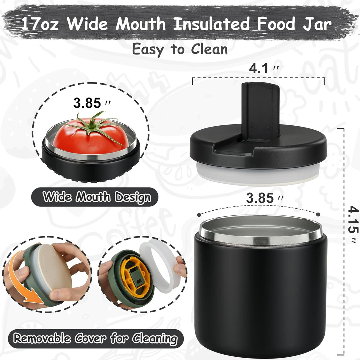 19oz Insulated Vacuum Food Jar with Buckle Lid Wide Mouth Soup Thermo for Hot Food Kids Leakproof Stainless Steel Lunch Container- Black-1Pack