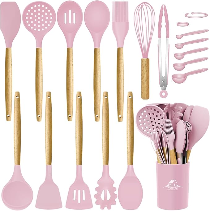 MIBOTE Silicone Cooking Kitchen Utensils Set with Holder, Wooden Handles BPA Free Silicone Turner Tongs Spatula Spoon Kitchen Gadgets Utensil Set for Nonstick Cookware (Pinky)