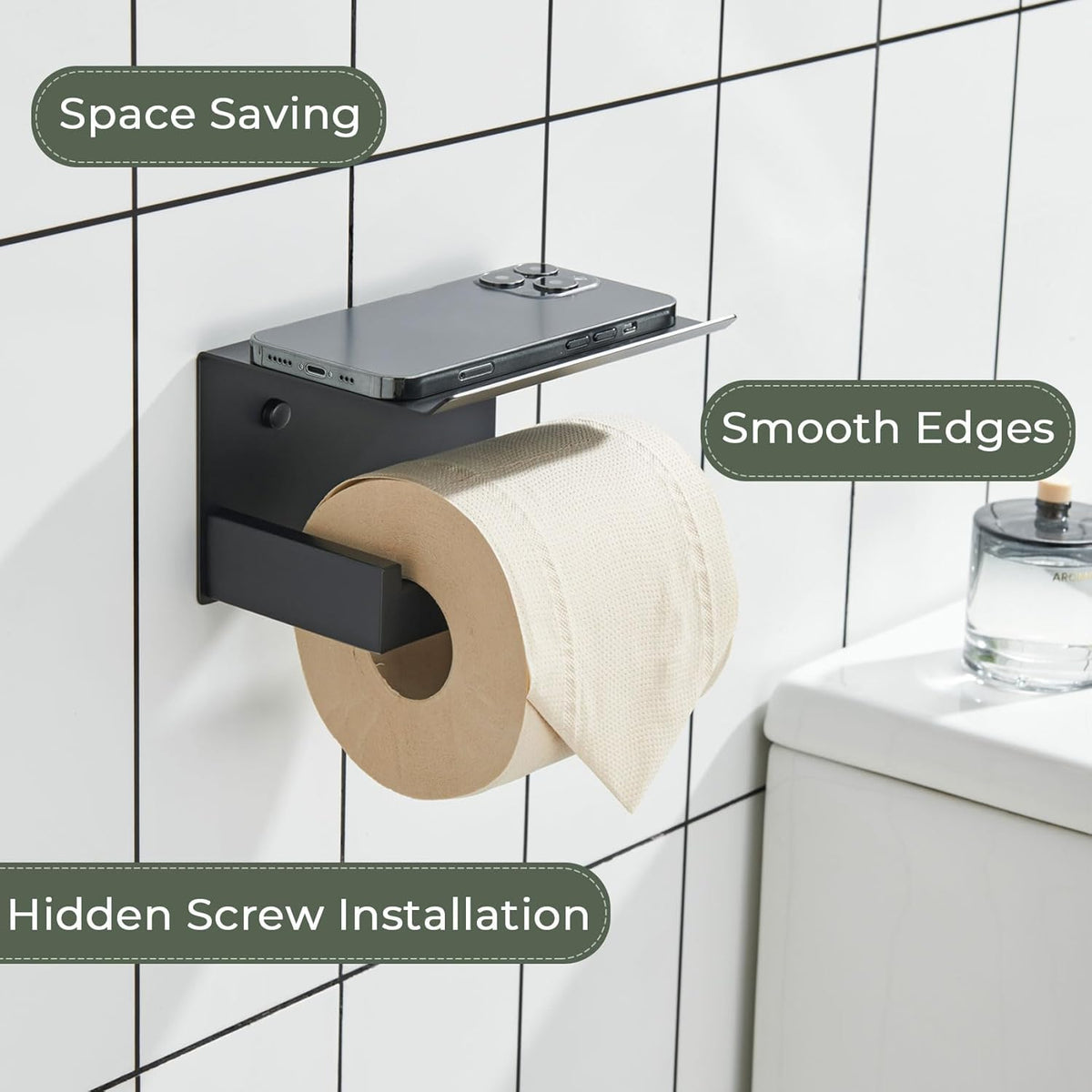 KOKOSIRI Black Toilet Paper Holders with Shelf Bathroom Toilet Paper Roll Holder Matte Black Stainless Steel Wall Mounted, 2 Pack, B2010BK-P2