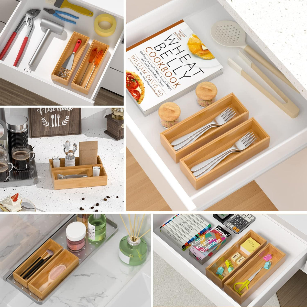 Silverware Tray for Drawer, Stackable Kitchen Bamboo Drawer Organizer 9" x 3" x 2" Set of 2