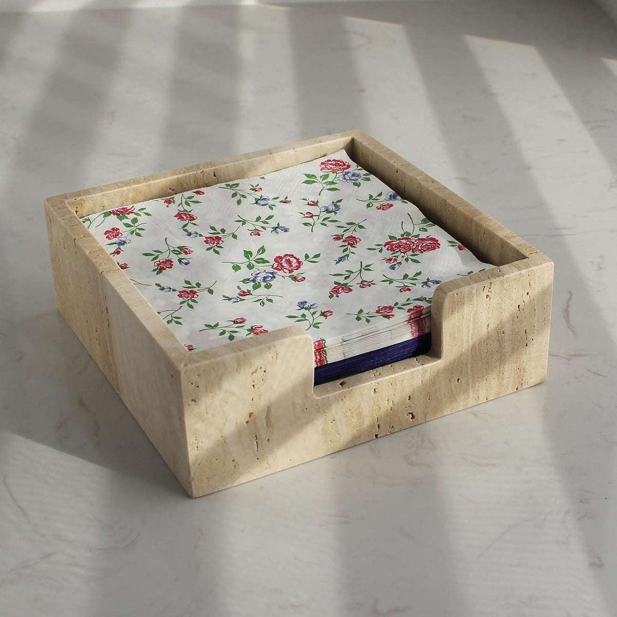 Travertine Luncheon Napkin Holder 7.5" x 7.5" x 2.76" for Table, Cocktail Napkin Tray for Restaurant/Kitchen