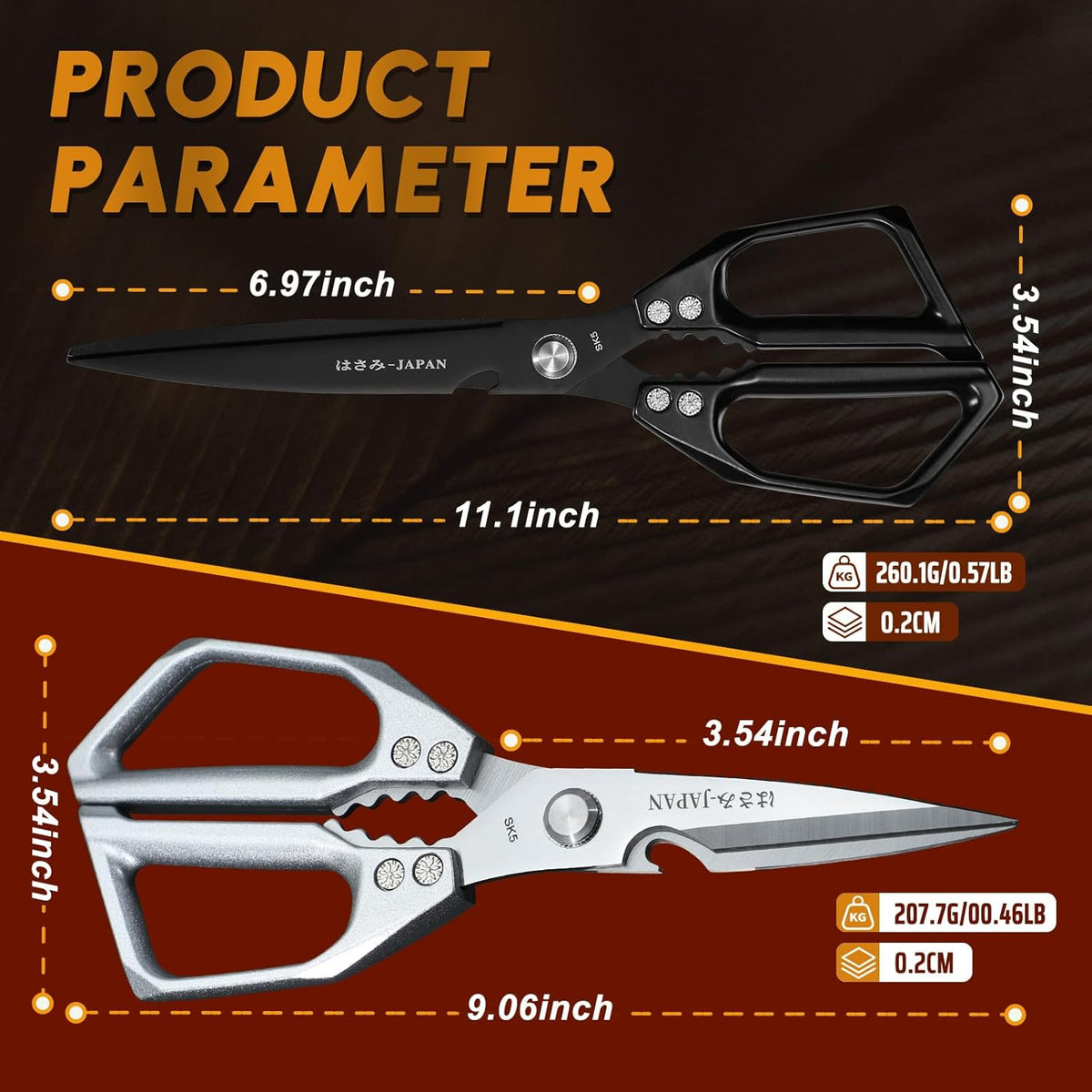 HUUSK Kitchen Shears Set Upgraded - Stainless Steel Kitchen Scissors, Sharp Meat Scissors, Heavy Duty Poultry Shear, Japanese Cooking Scissor for Food, Chicken Bones, and Turkey - Dishwasher Safe