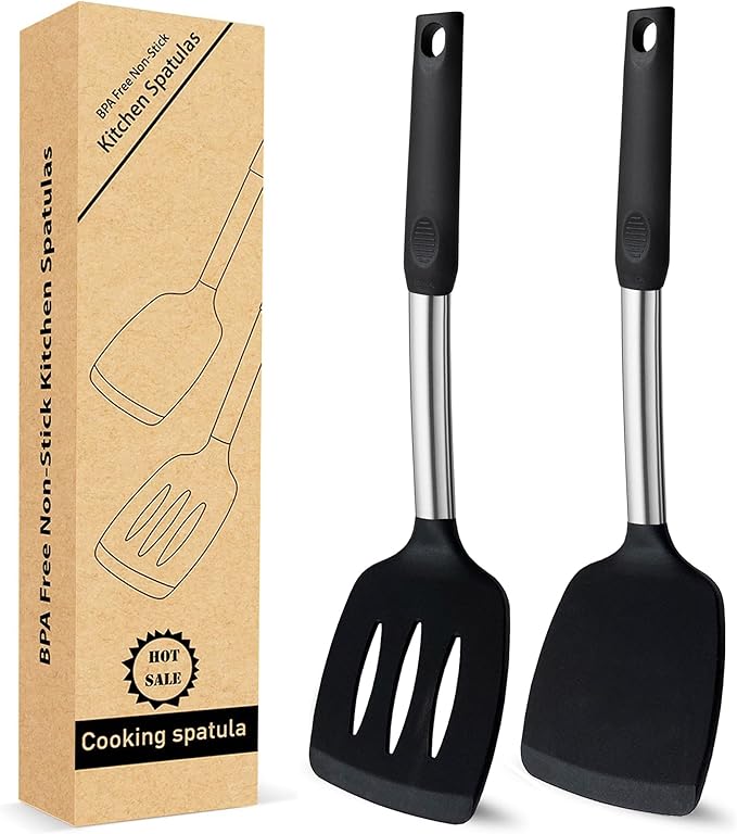 2 Pack Solid & Slotted Silicone Spatula Set, 600F Heat-Resistant No-Melt Handle and Blade, Kitchen Cooking Utensils for Nonstick Cookware, Spatula Turner for Egg,Pancake,Burger- Dishwasher Safe