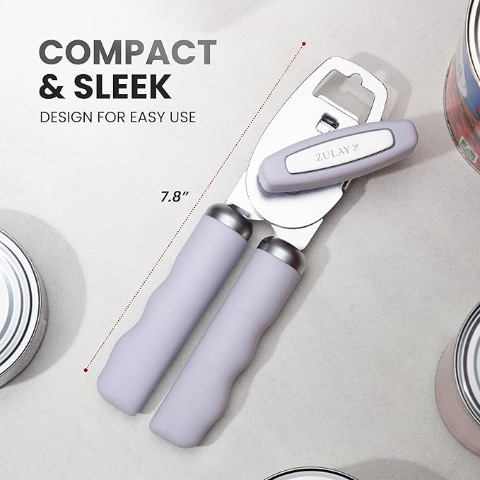 Zulay Kitchen Heavy Duty Stainless Steel Can Opener Manual with Bottle Opener - Rust Proof Manual Can Opener With Turn Knob & Comfy Soft Grip Handles - Light Lilac
