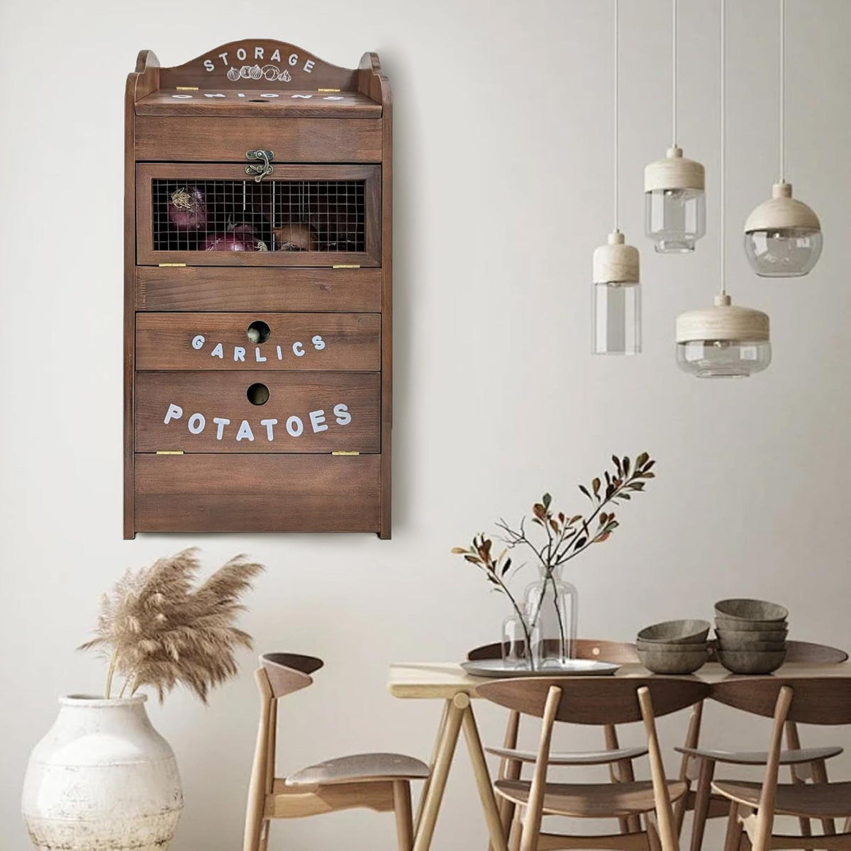 ARTAWEIN Pine Wood Veggie Bin for Potato, Onion and 1 Garlic Drawer Vegetable Box for Kitchen Storage, Solid Wood Vegetable Bin 13.77" L X 7.1" W X 29.3" H (Rustic Walnut)