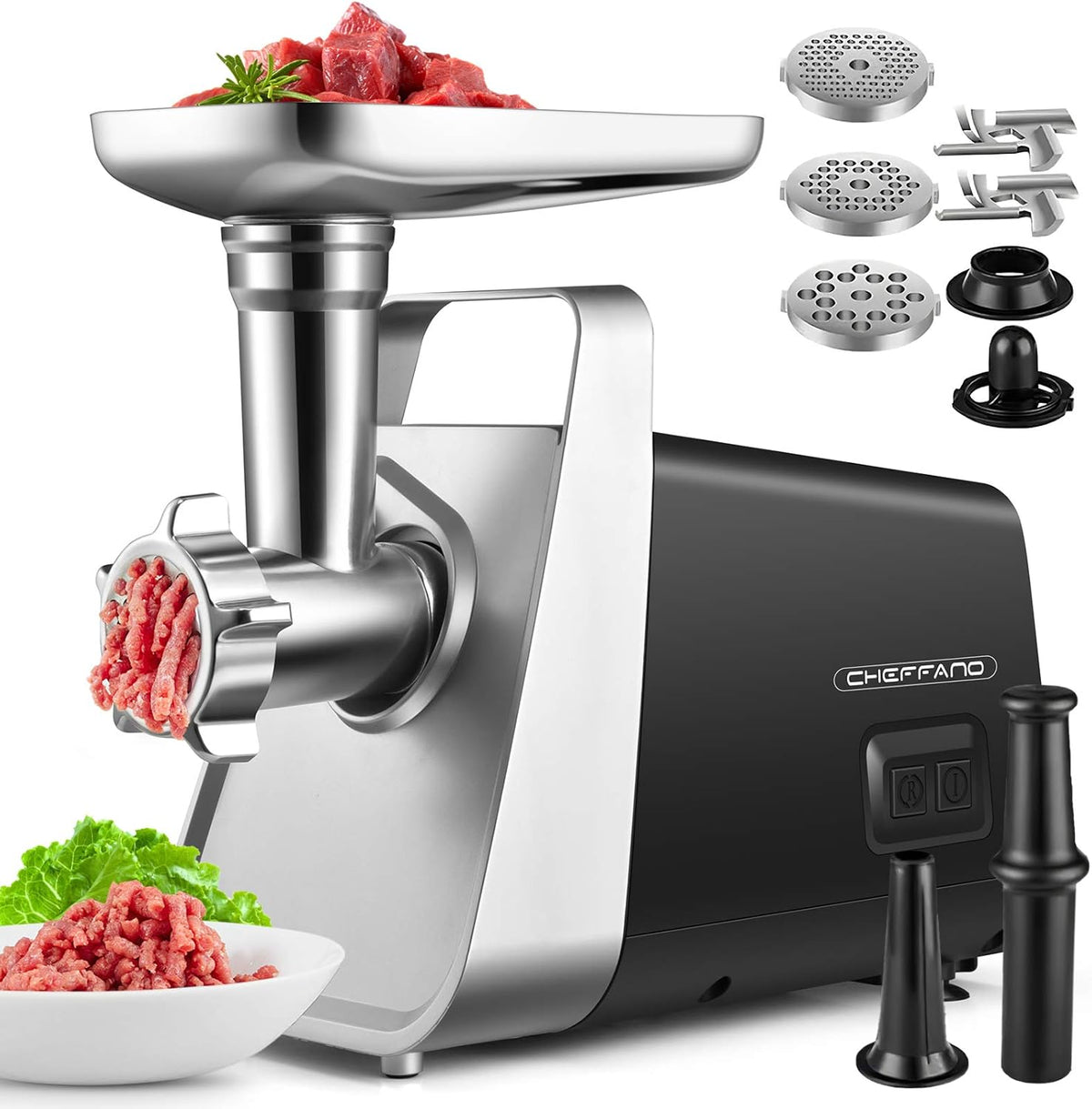 CHEFFANO Meat Grinder Electric, 350W[2000W Max] Electric Meat Grinder, Molino De Carne, Meat Mincer with Stainless Steel 2 Blades and 3 Plates, Sausage Staff Maker & Kubbe Kit for Home Kitchen Use