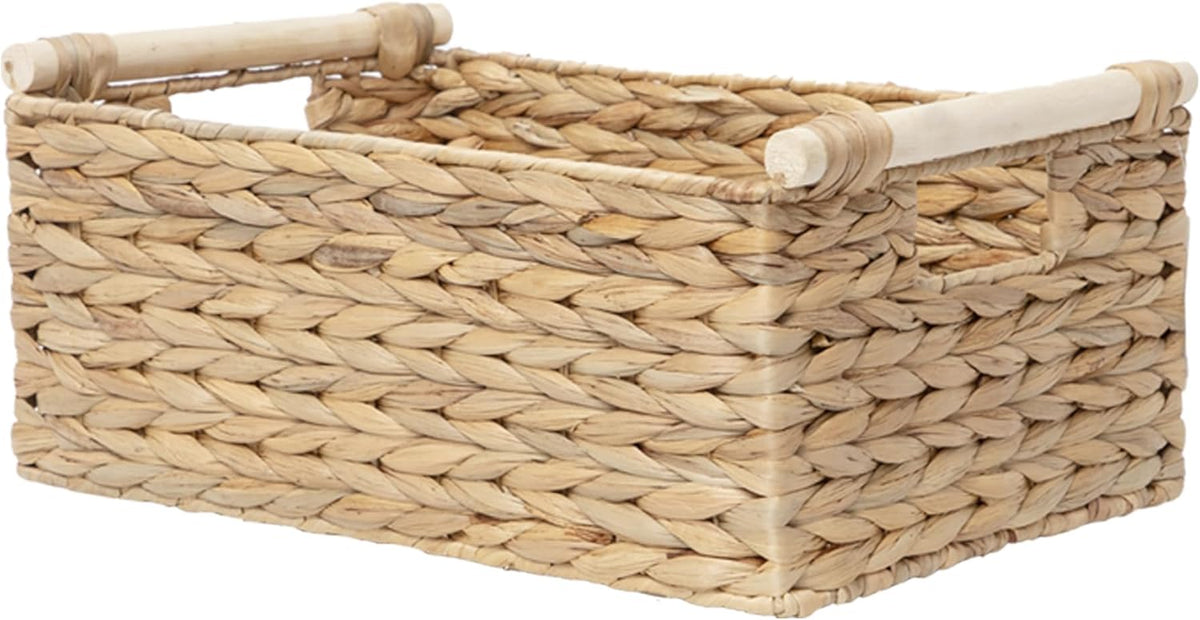 Handmade Water Hyacinth Woven Storage Baskets with Wooden Handles, Rectangle Rustic Organizer Set for Home Decor, Kitchen, Bedroom & Office (Large)