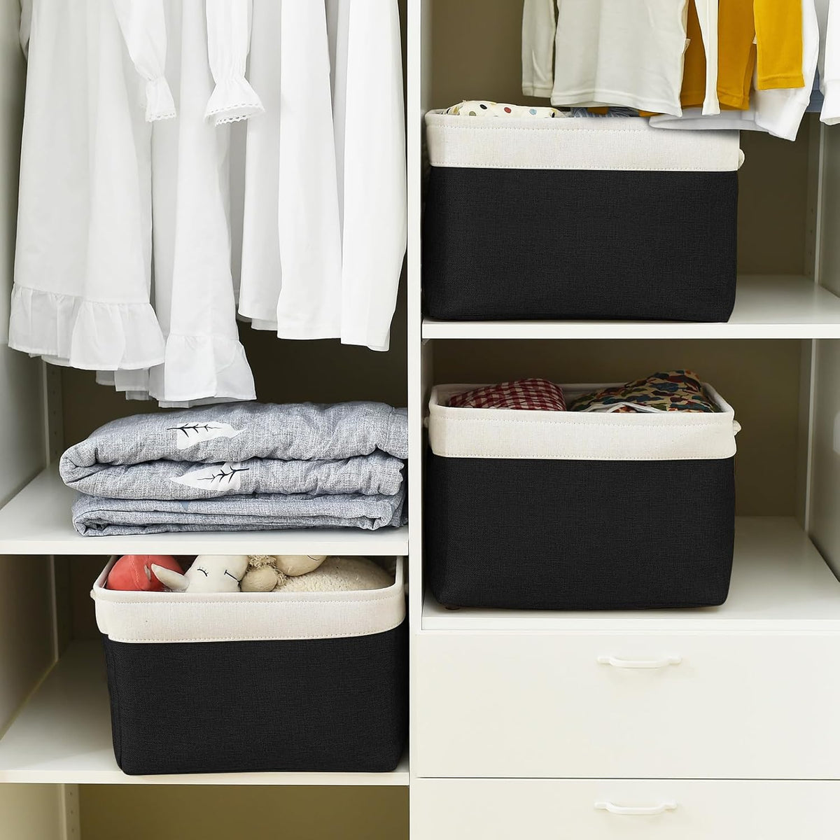 TheWarmHome Storage Basket for Gifts Empty - Large Cubes 3 Pack 15.8x11.8x11.8 inch Storage Bins for Organizing Book Cloth Bathroom Toy (White & Black)