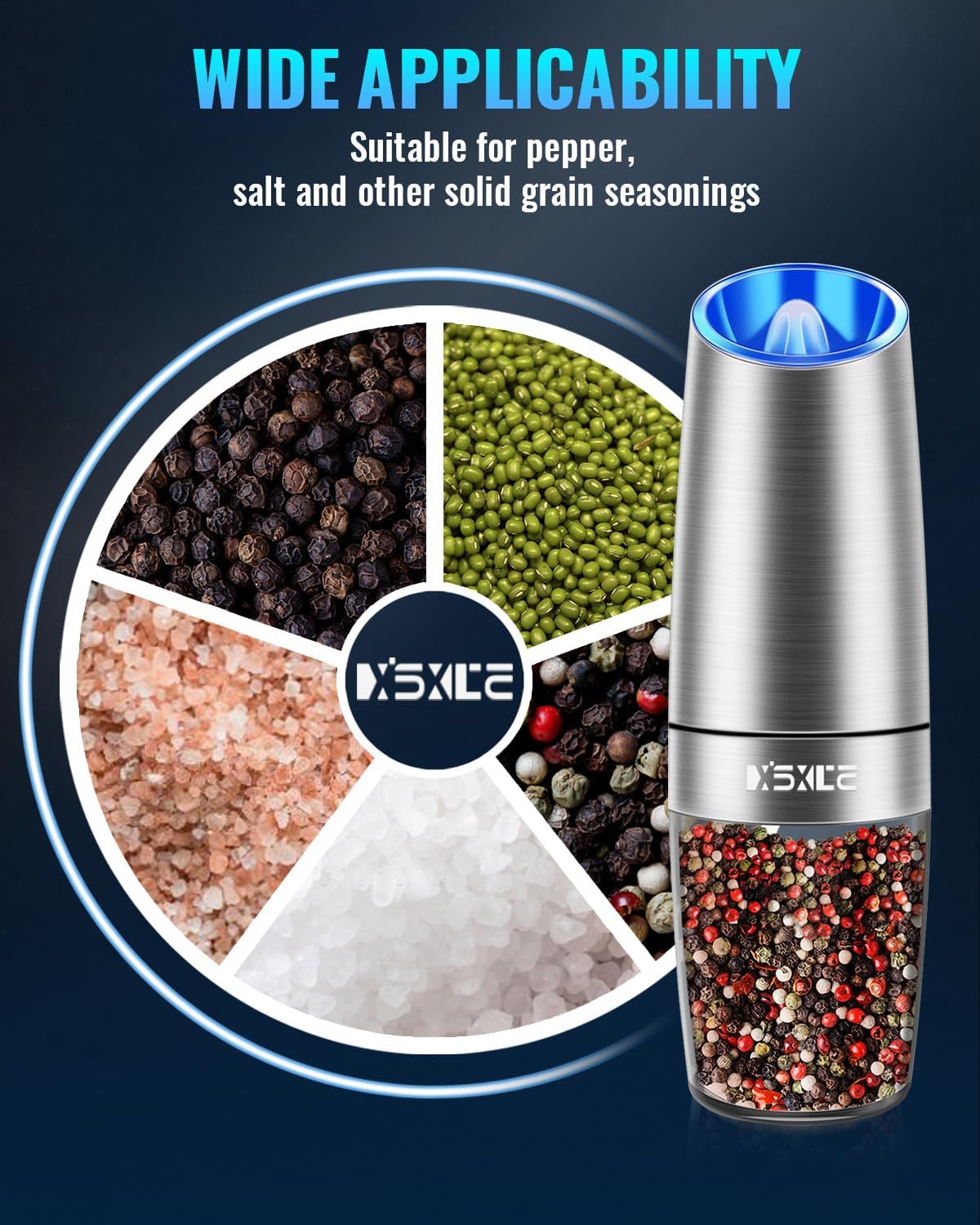 XinXu Gravity Electric Pepper and Salt Grinder Set, Salt/Pepper Mill & Adjustable Coarseness, Battery Powered with LED Light, One Hand Automatic Operation, (Set/Silver)