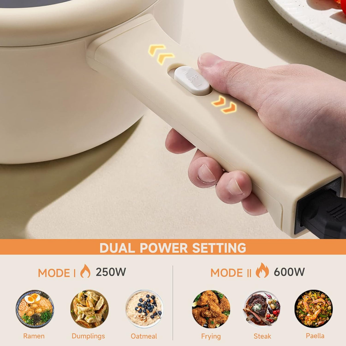 Dezin Electric Cooker, 2L Non-Stick Sauté Pan, Rapid Noodles Cooker, Mini Pot for Steak, Egg, Fried Rice, Ramen, Oatmeal, Soup with Power Adjustment, College Dorm Room Essential(Egg Rack Included)
