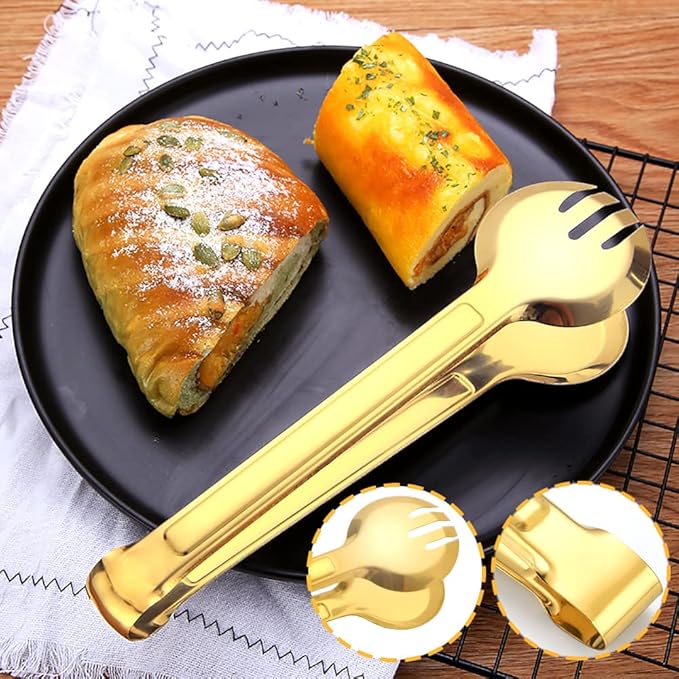 4 PCS Serving Tongs 9 Inch Buffet Tongs Stainless Steel Serving Utensils for Salad Buffet Appetizer Dessert Food Parties, Gold