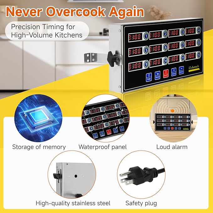 Commercial Kitchen Timers for Cooking, 12-Channel Timer for Commercial Kitchens, Heavy-Duty Loud Alarm Timer for Restaurants, Stainless Steel, LED Technology