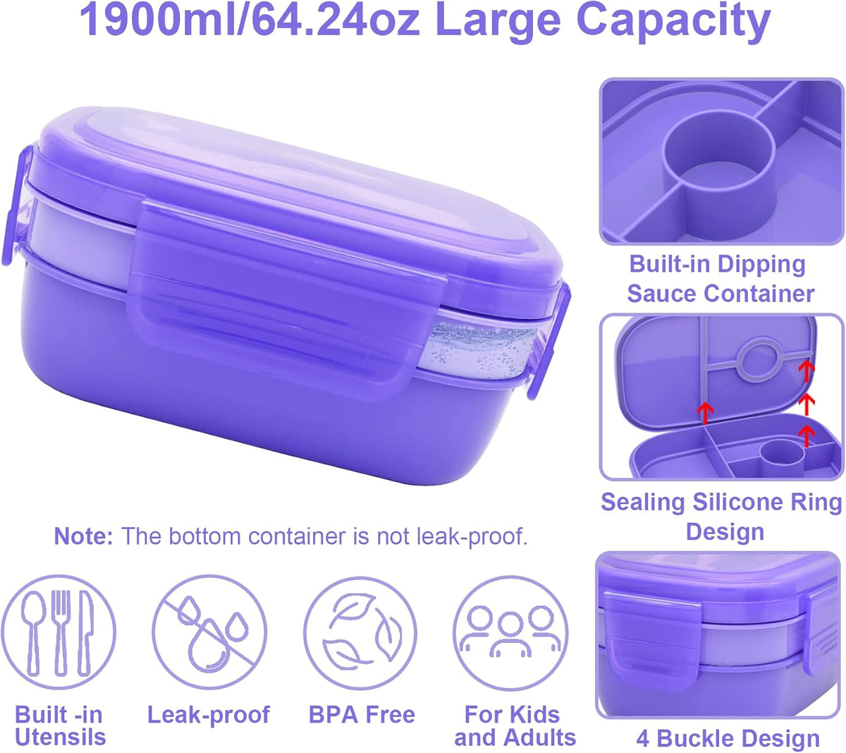 JBGOYON® Bento Lunch Box with Bag - All-in-One Stackable Lunch Containers with 3 Layers for Adults & Kids, 1900 ML Modern Bento-Style Design, Built-in Utensil Set, Lunch Bag (Purple)