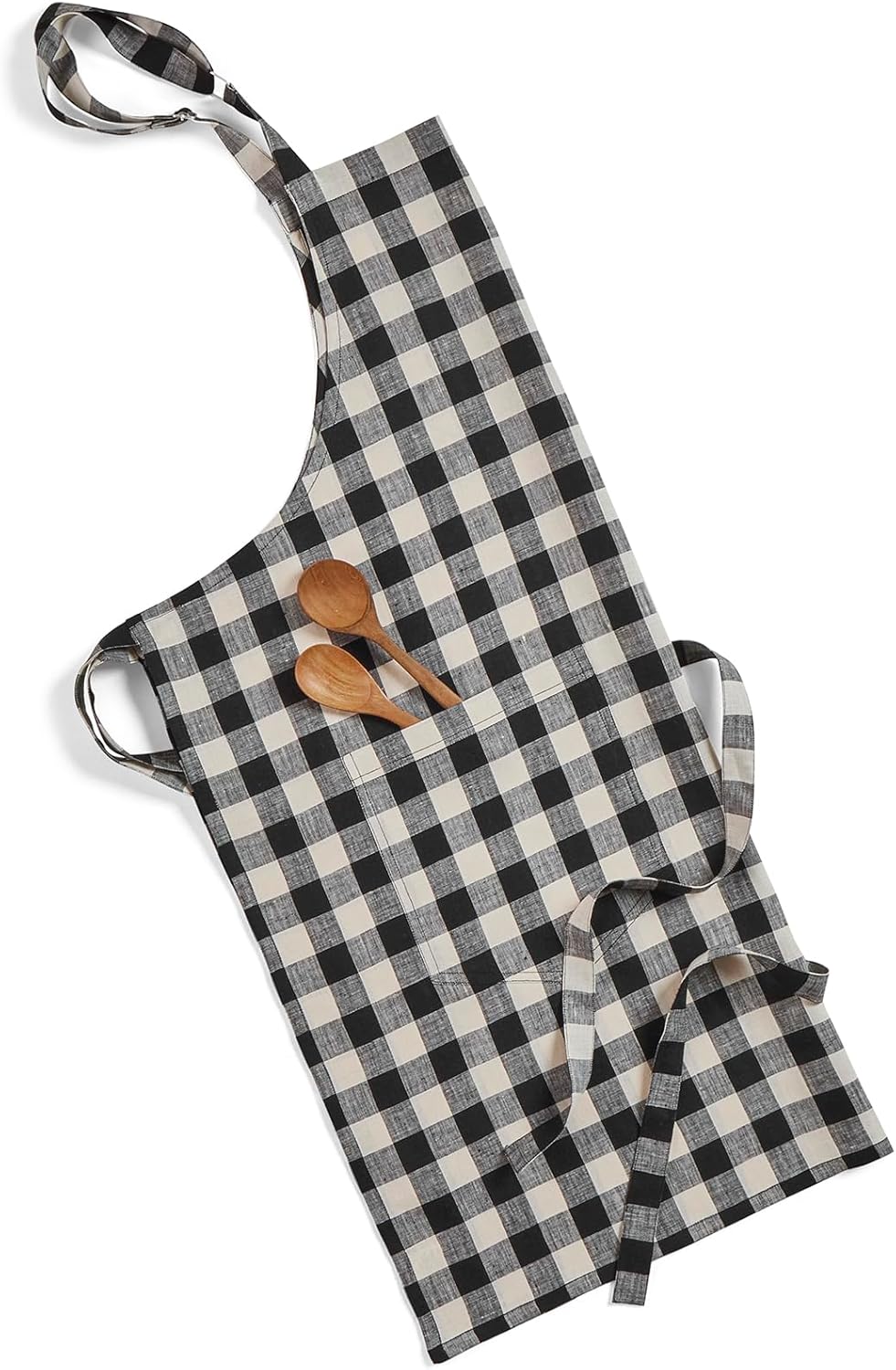 Solino Home Linen Bib Apron for Men & Women - Black and Cream Kitchen Apron with Front Pockets - Handcrafted from European Flax