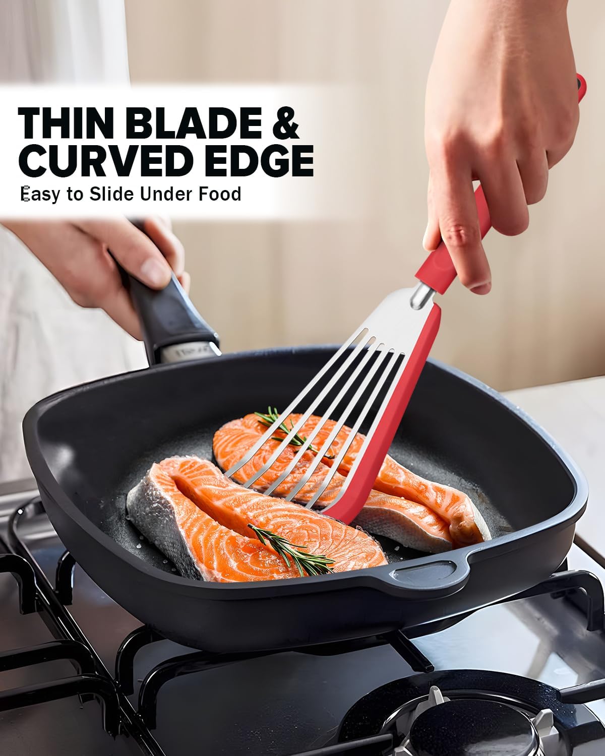 Silicone Fish Spatula Turner Set of 2, Thin Slotted Spatulas Turner for Nonstick Cookware,Heat Resistant Flexible Stainless Steel Kitchen Cooking Spatula Flipper for Fish, Egg, Pancake (RGN)
