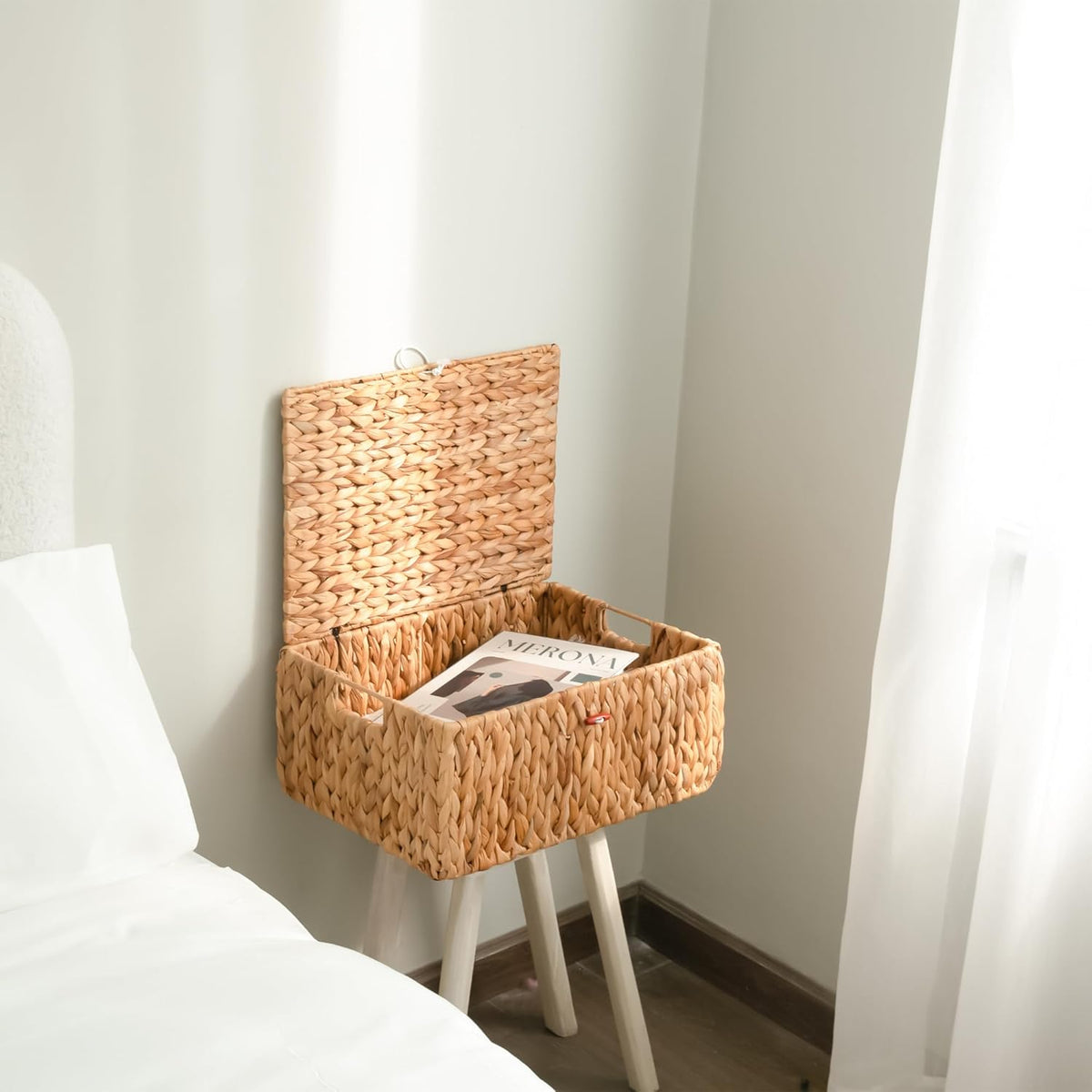 KOKODO Large Rectangular Water Hyacinth Wicker Storage Baskets with Lid, Handles and Built-in Metal Frame, Stylish and Durable Handwoven Bin Perfect for Space-saving Shelves and Room Organizing