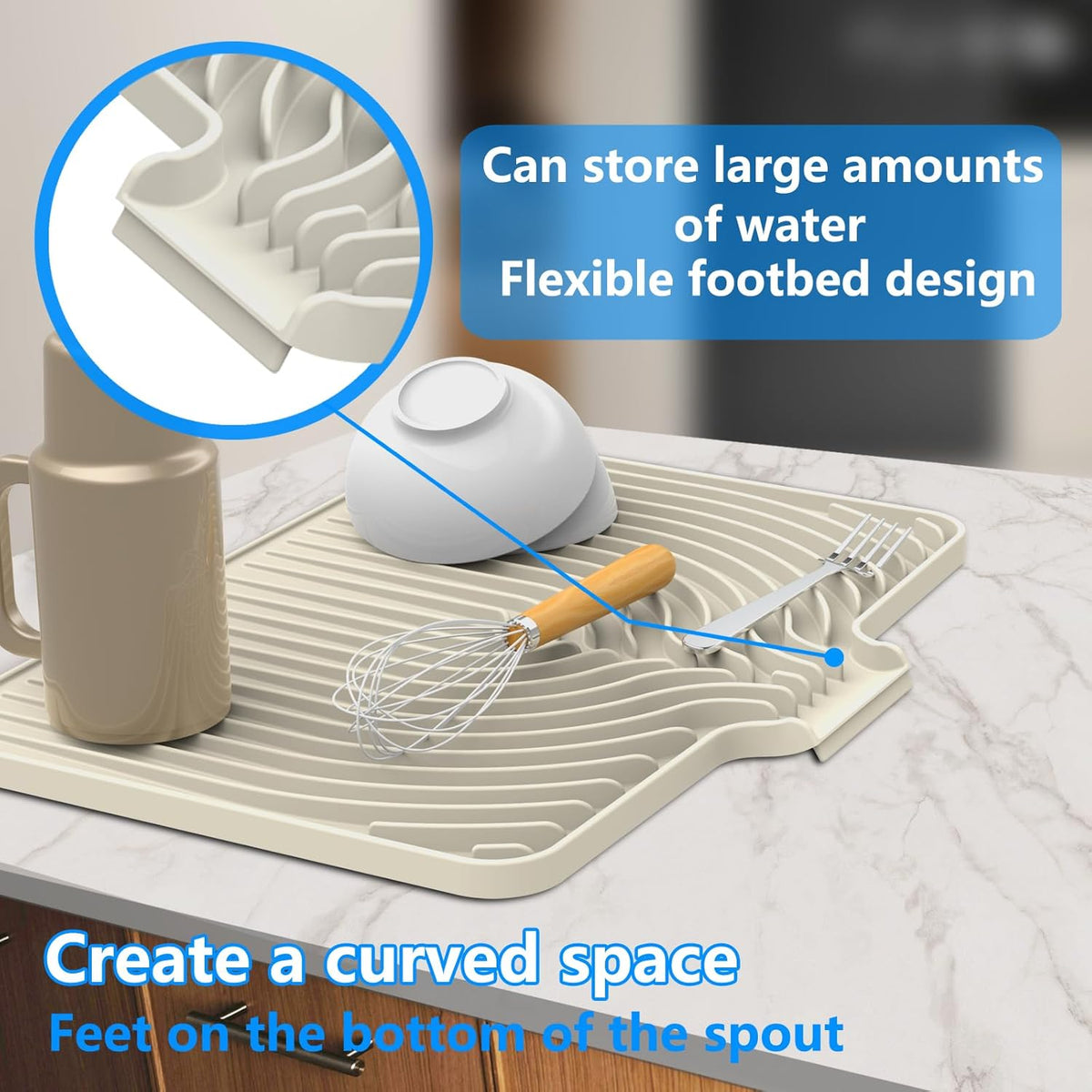 Dish Drying Matt for Kitchen Counter,18"×12"Silicone Dry Rack Mat with Built in Drain, Kitchen Dry Mats for Dishes Drying Pad for Counter(18"×12"Cream)