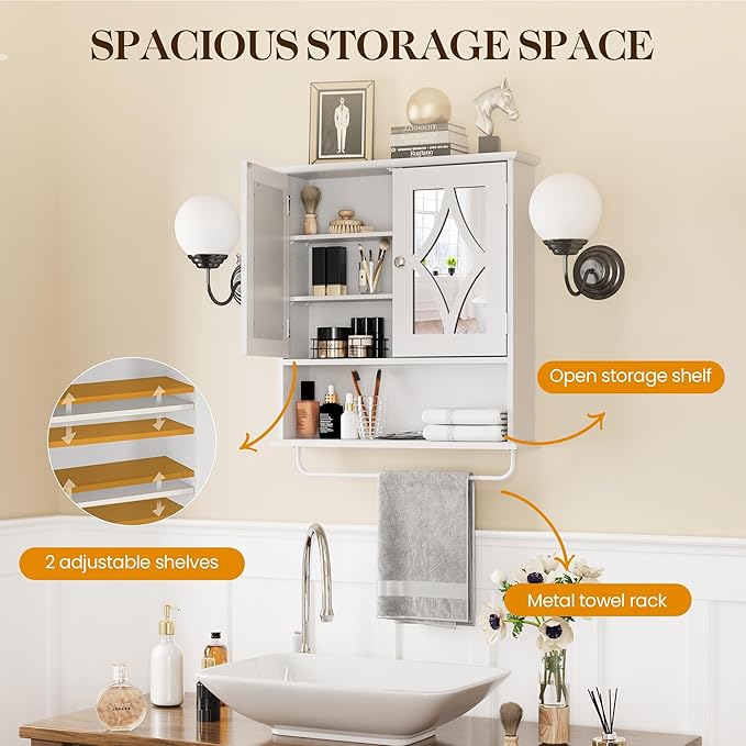 RoyalCraft 22x25 Bathroom Medicine Cabinet with Mirror, Large Wood Wall Mounted Storage Cabinet with Shelves and Towel Bar, Over The Toilet Storage Cabinet for Bathroom, Laundry, Living Room, White